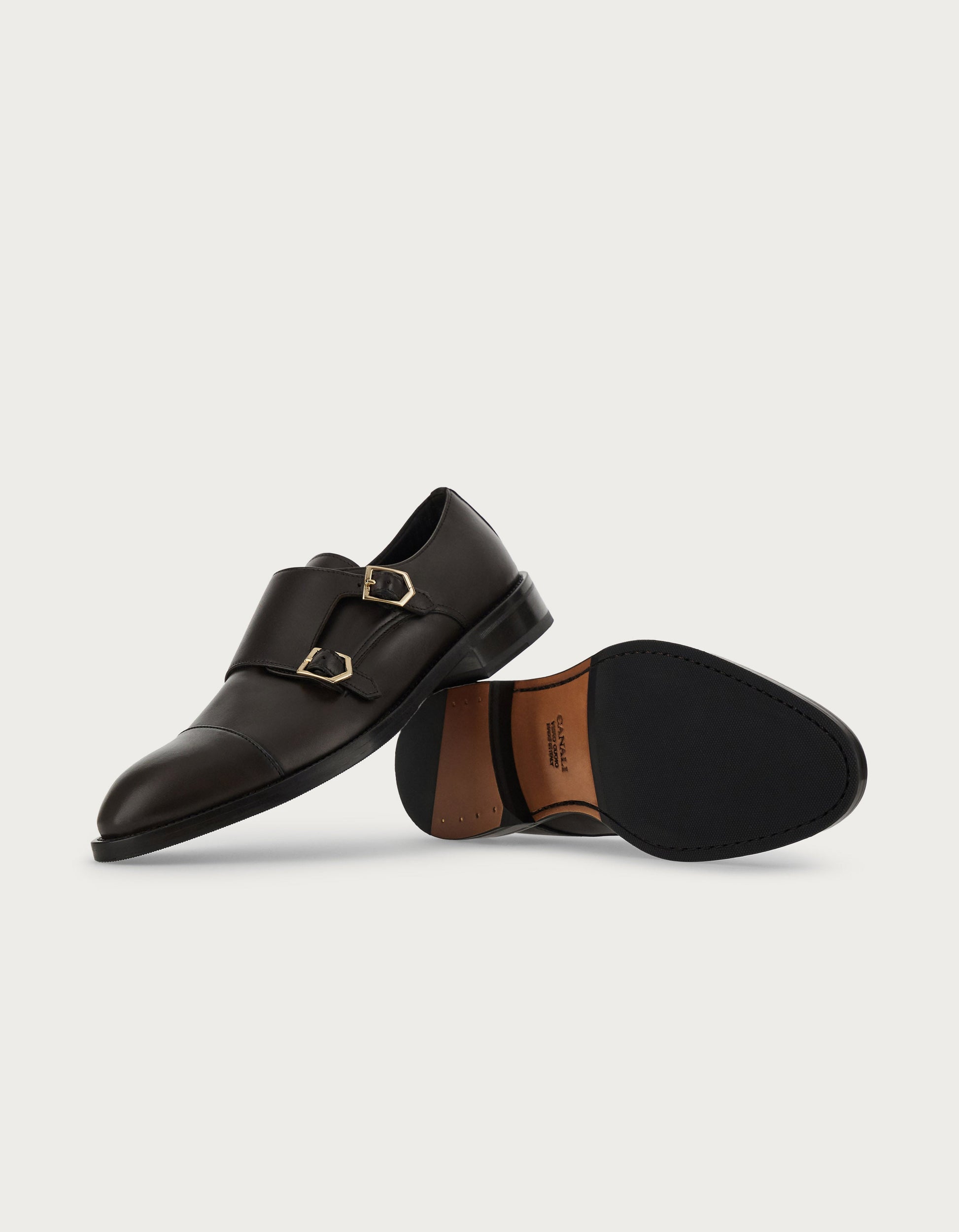Monk straps in dark brown padded calfskin