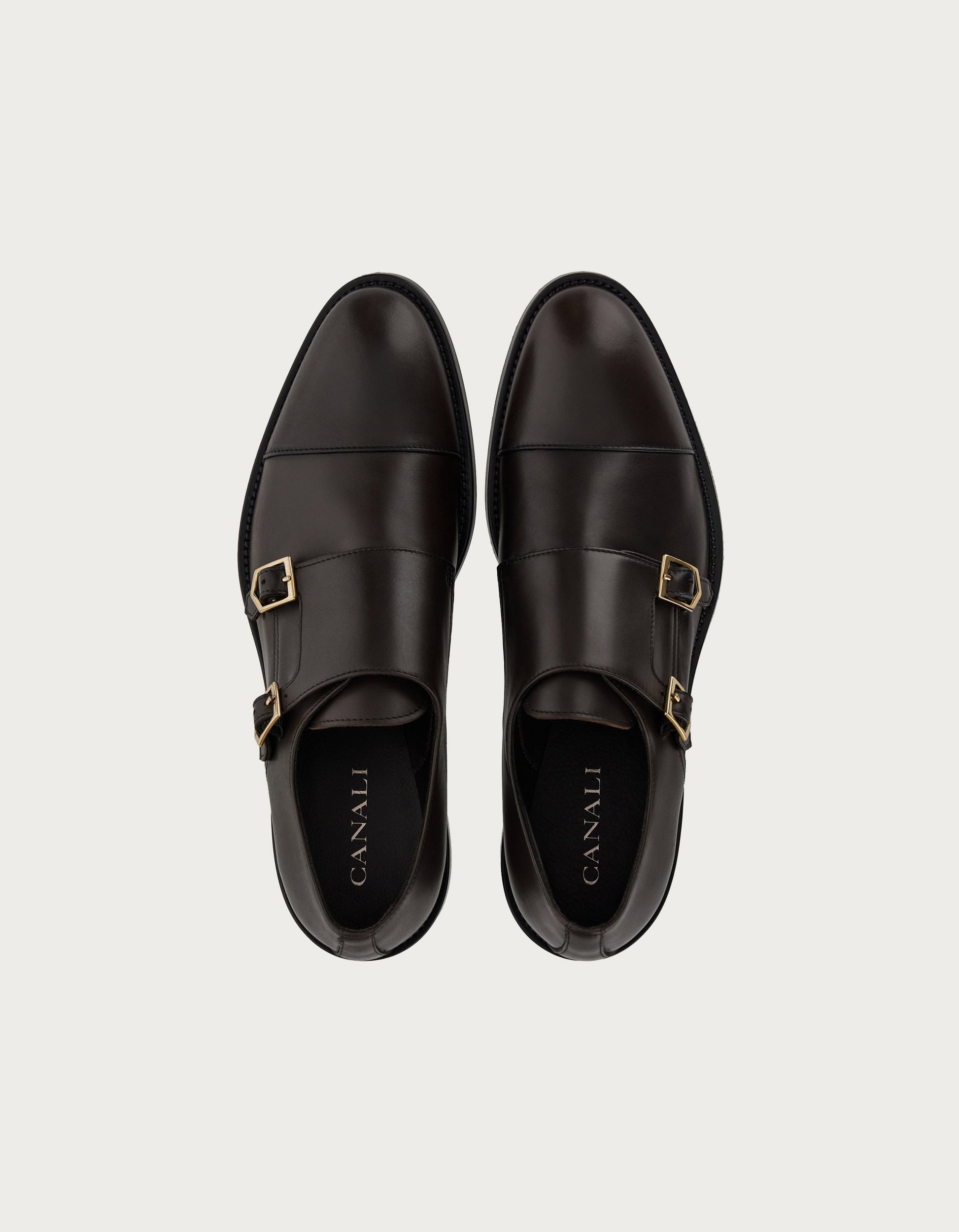 Monk straps in dark brown padded calfskin